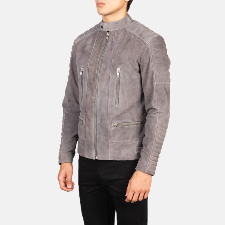 Mens Damian Grey Suede Biker Jacket Side Pose-3-1634128036265